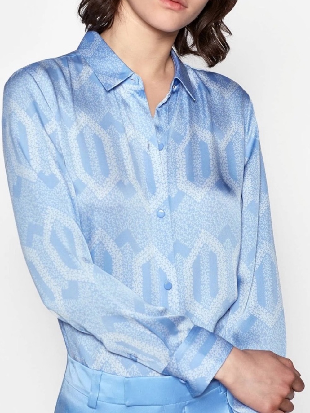 Equipment Leema Long Sleeve Shirt in Della Robbia blue geometric print. XS
